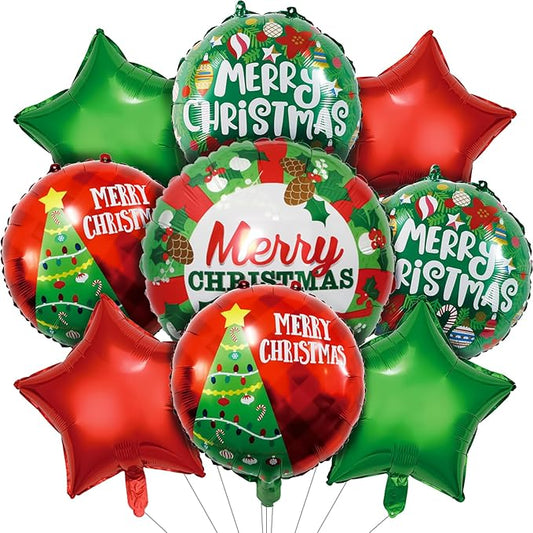 9 PCS Christmas Balloons Party Decor, Christmas Party Decorations, Candy Round Star Foil Balloon for Candy Cane Balloons Decorations for Xmas Party Decoration Supplies