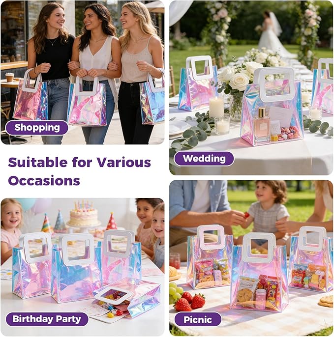 20 Pcs Reusable Holographic Medium Gift Bags with Handle 11''x9.8''x5.7'' Iridescent Bachelorette Party Favor Bags Clear PVC Tote Goodie Bags for Shopping, Picnics, Baby Showers, Weddings, Holidays