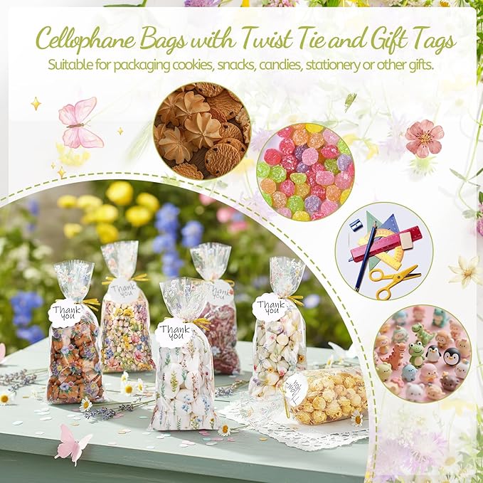 woric 100 Set Wildflower Cellophane Treat Bags Plastic Floral Candy Bags Goodie Bag with 100 Gift Tags and Twist Ties for Bridal Shower Wedding Birthday Baby Shower Summer Picnic Party Favors