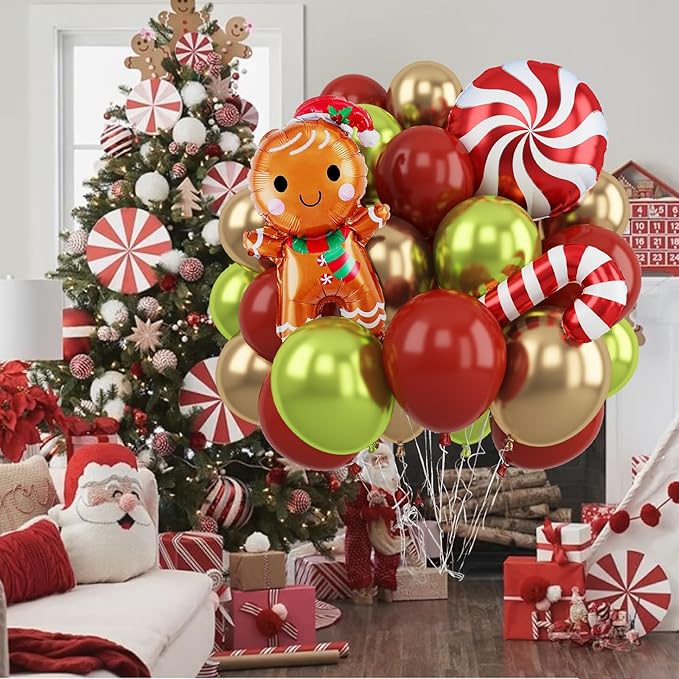 Red and Green Christmas Balloon, 12'' Retro Maroon Ruby Red Metallic Gold Pastel Green Xmas Latex Balloons with Candy Cane Gingerbread Man Foil Balloon for Merry Christmas Party New Year Decorations