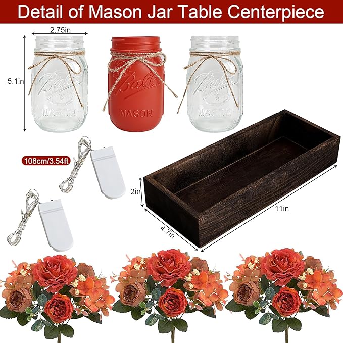 Mason Jar Centerpiece Table Decor for Dining Room Fall Farmhouse Coffee Table Decor with Wood Tray Fairy Lights Fake Flowers for Kitchen Living Dining Room - Orange