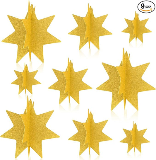 AmazingSpark 9 Pcs Large Star Centerpieces 3D Gold Star Table Decorations in 3 Sizes 10" 8" 6" for Birthday Party Baby Shower Gathering Carnival Ceremony Graduation Movie Night Supplies (Glitter Gold)