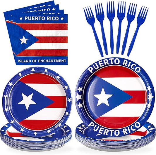 96Pcs Puerto Rico Flag Party Supplies Puerto Rico Flag Plates Disposable Red White Blue Paper Tableware Set for Rican Fiesta Birthday Party National Day Cultural Celebrations, Serves 24