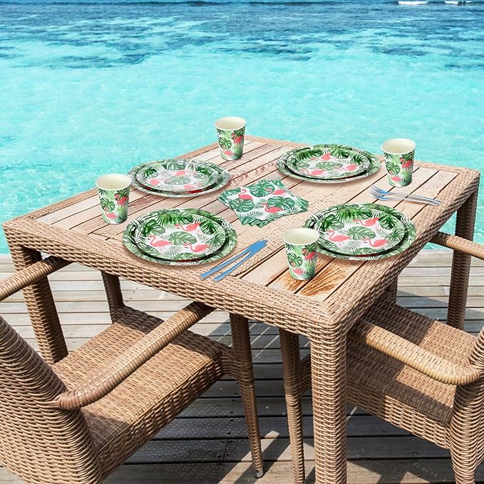 Jingmore 200 Pcs Tropical Flamingo Hawaiian Aloha Party Supplies Serve 50 Guests Luau Paper Plates Cups Napkins for Summer Beach Tableware Pool Party