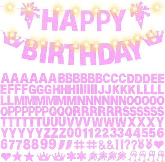 175Pcs DIY Custom Letter Banner Glitter Customizable Banner Kit 0-9 Numbers DIY Girls Happy Birthday Letters Personalized Banners for Wedding Birthday Party Decorations Supplies(Dazzling Light Pink)