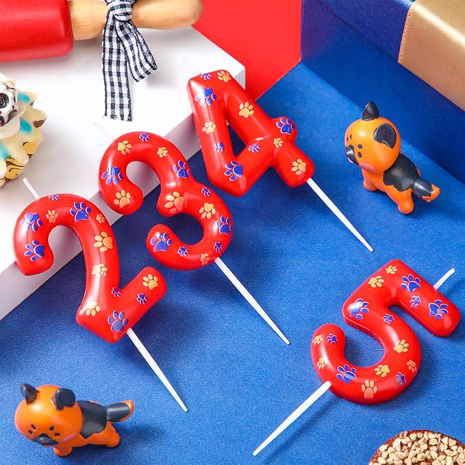 Conelist Number 2 Dog Paw Birthday Candles Dog Toppers Candles Blue Yellow and Red Numeral Birthday Cake Topper for 2 Year Old Boy Girl Paw Party Decoration Party Supplies