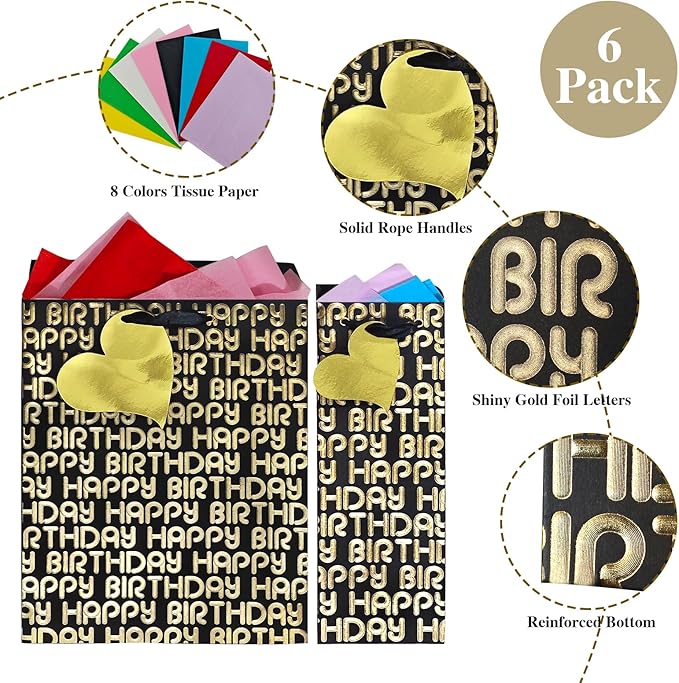 suosicn 6 Pack Black Birthday Gift Bags with Handles and 8 Pcs Tissue Paper, Assorted Sizes Metallic Letters Gift Bags for Birthday,Anniversary and Any Occasions