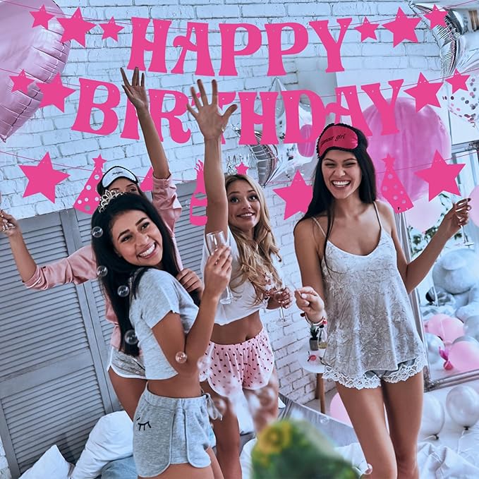GOGOBAY Hot Pink Happy Birthday Decorations - 7PCS Pre-Strung Banner & Hanging Decorations for Girls' Birthday Party