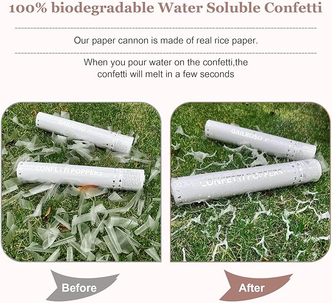 White Confetti Poppers,Rice Paper Water Soluble Cannon for Wedding,Biodegradable Confetti Poppers Air Powered For Engagement,Wedding,Birthday,Celebrations and New Years Eve(White 6pack)