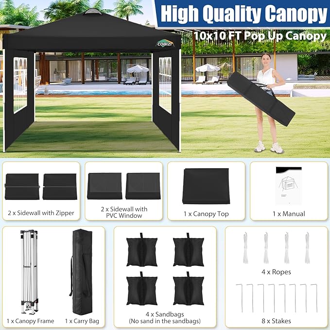 COBIZI 10x10 Pop Up Canopy Tent, One Push Outdoor Gazebo with 4 Removable Sidewalls & Air Vent, Waterproof Commercial Easy Up Adjustable Canopy with 4 Sandbags, 4 Stakes & 8 Ropes for Party,Black