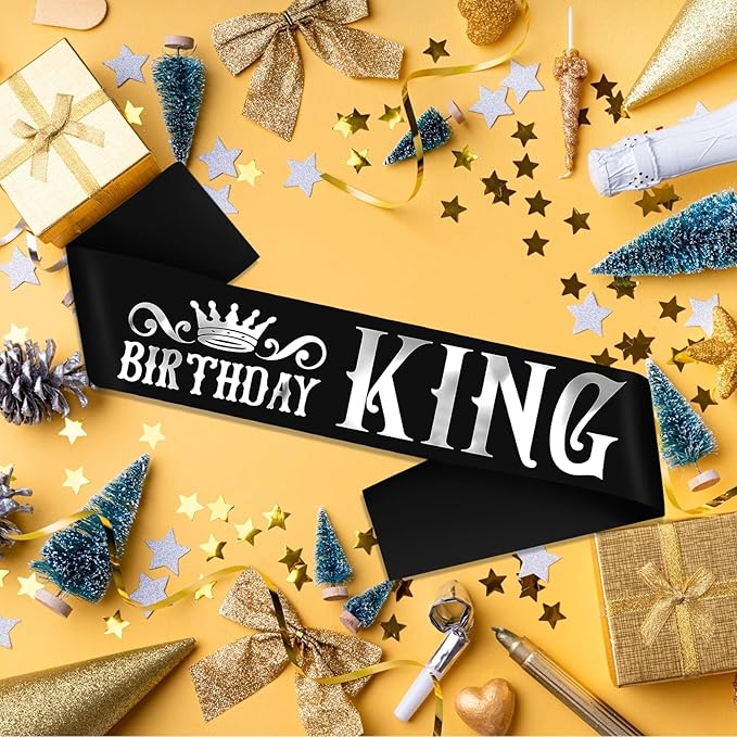 Birthday King Sash, Funny Black Satin Sash with Silver Foil Lettering Birthday Sashes for Boys or Men 10th 13th 16th 18th 21st 30th 40th 50th 60th or Any Birthday Party Supplies Gifts Favors.