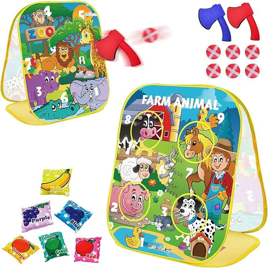 RaboSky 3-in-1 Farm Animals Bean Bags Toss Axes Throwing Sticky Balls Game for Kids 3 4 5 Toddlers Indoor Outdoor Sports Activities Toys Gifts for Boys Birthday Easter Christmas Stocking Stuffer