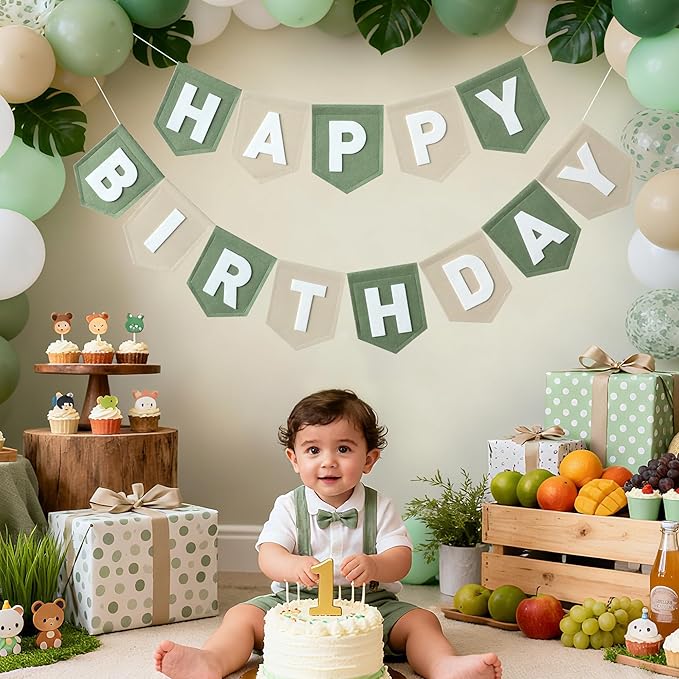 Felt Green Khaki Happy Birthday Banner Birthday Decorations for Women Girls Boys Men Pets Handmade Party Backdrop