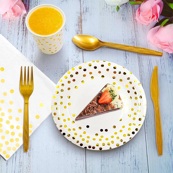 350PCS Gold Party Supplies for 50 Guests, Disposable Party Decorations Dinnerware Paper Plates Cups Napkins Gold Plastic Forks Knives Spoons for Wedding Birthday Graduation