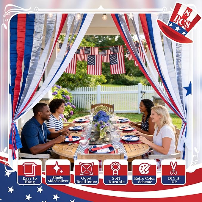 NICROLANDEE Patriotic Decorations - 8 Rolls Red White Blue Crepe Paper Streamers for 4th of July Decorations Independence Day U.S. 250th Anniversary Memorial Day American Theme Party Decorations