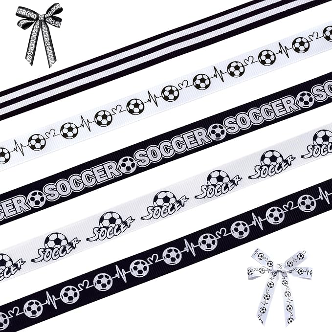 Soccer Ribbons 5 Rolls 20 Yards, 5/8" Black White Stripe Grosgrain Ribbons Sports Ribbons for Theme Party Decor Gift Wrapping Making Hair Tie Bows and Sport Team Decorations