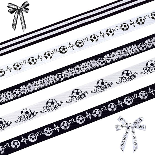 Soccer Ribbons 5 Rolls 20 Yards, 5/8" Black White Stripe Grosgrain Ribbons Sports Ribbons for Theme Party Decor Gift Wrapping Making Hair Tie Bows and Sport Team Decorations