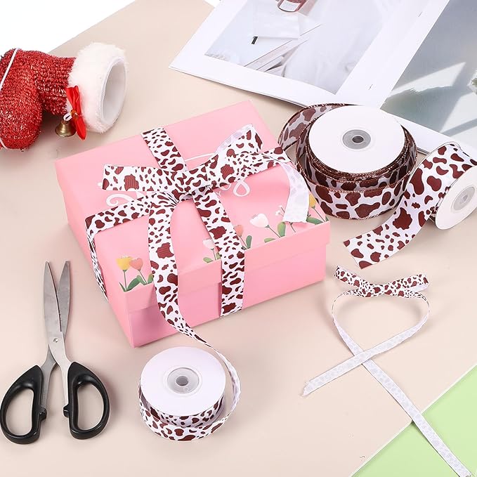PATIKIL 2 Rolls Cow Print Ribbon Set, 10 Yards Grosgrain Animal Print 3/8" Width Western Farmhouse Ribbons for Gift Wrapping, Party Decorations, DIY Crafts, Black/Brown