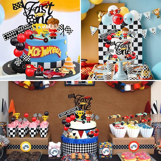 MEMOVAN Race Car Cake Topper Red Black Balls Cake Toppers Fast One Cake Decorations 1st Birthday Cake for Boy's Kids Racing Car Checkered Flag Themed BirthdayParty Favors