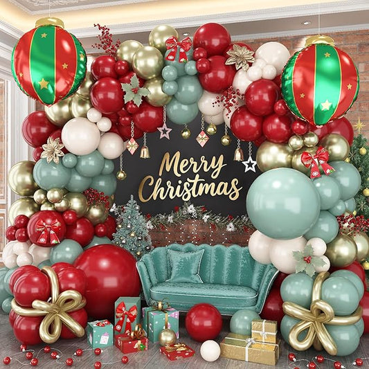 112Pcs Christmas Balloon Garland Arch Kit, Burgundy Red Dusty Sage Green White Gold Balloons with Xmas Foil Hanging Ball Balloon Set for Merry Christmas Birthday New Year Holiday Party Decorations