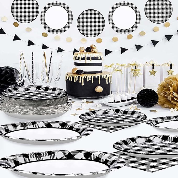 96 Pcs Black and White Gingham Party Supplies 350 GSM Disposable Black and White Buffalo Checked Paper Plates and Napkins Tableware Set for BBQ Picnic Race Car Birthday Party Decorations Serves 24
