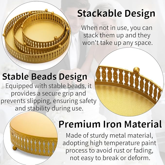 Goaste 3 Pack Metal Gold Cake Stand, 8"/10"/12" Round Cake Stands Set, Dessert Cupcake Display Stand Plate, Metal Display Risers for Pastry, Wedding, Birthday, Party, Anniversary, Table Decor, Events