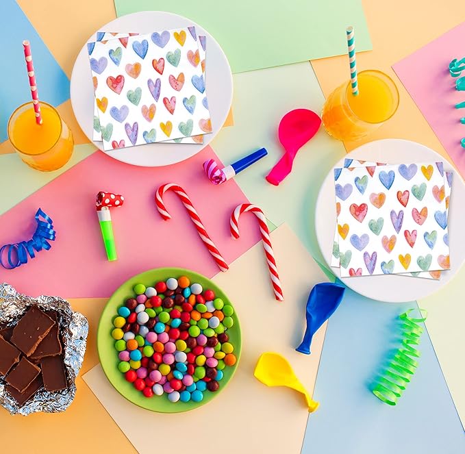 100 Colorful Heart Cocktail Napkins 3 Ply Disposable Paper Napkins Rainbow Love Design Party Supplies Birthday Wedding Baby Shower Tableware