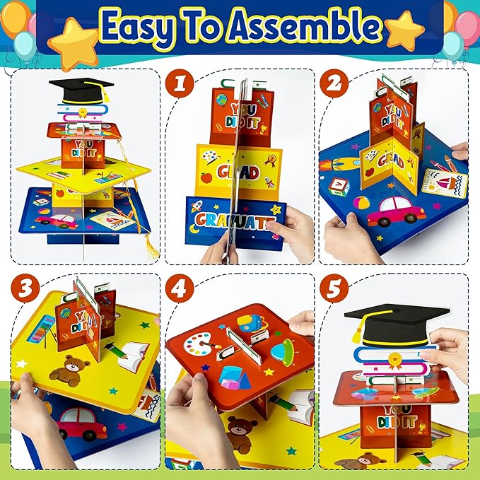 Haooryx Kindergarten Graduation Cupcake Stand - 3-Tier Preschool Graduation Cupcake Tower Decorations Cardboard Round Candy Dount Dessert Holder for Kindergarten Graduation Party Table Decor Supplies