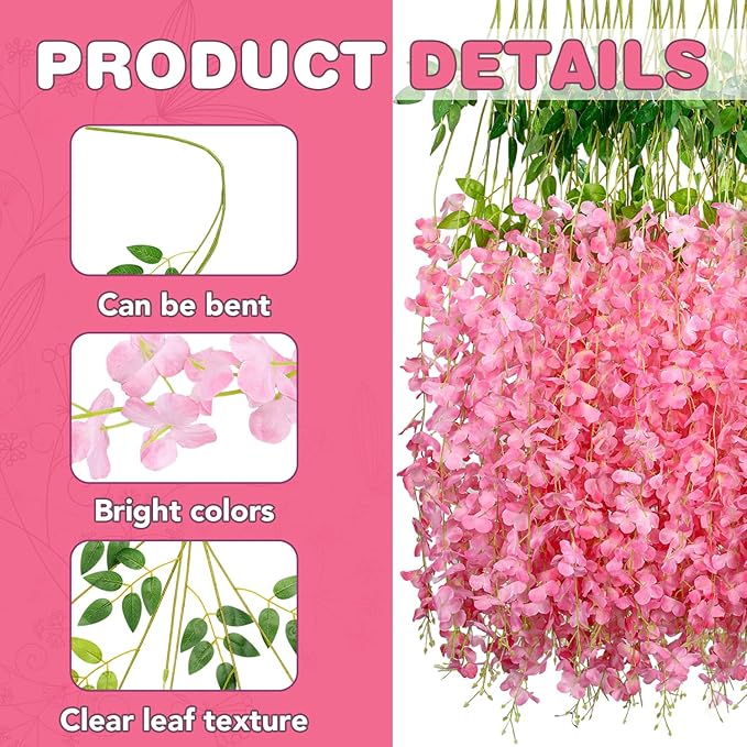 Alotiki Wisteria Hanging Flowers,12 Pack Fake Hanging Flowers,Wisteria Artificiales Garland for Home Wedding Arch Floral Party Garden Ceremony Outdoor Decor,3.6 Feet Long(12,Pink)