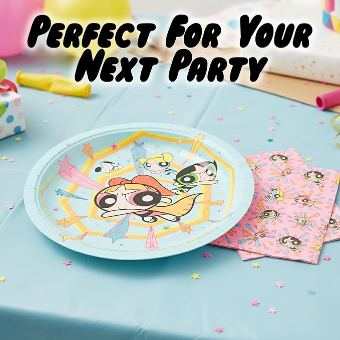 Silver Buffalo The Powerpuff Girls Featuring Blossom, Bubbles, and Buttercup 32 Pack Partyware Disposable Paper Plates and Napkins