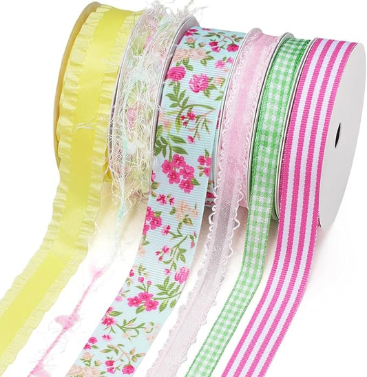 LaRibbons Spring Ribbon Set, Assorted Craft Ribbons 5 Yards Each, Multi-Width Decorative Ribbon for Gift Wrapping, DIY Bows, Easter Crafts, Floral Arrangements