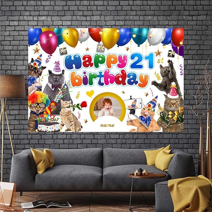 Custom Cat Theme 21st Birthday Decorations Banner - Personalized Fabric Banner for 21st Birthday Party Supplies