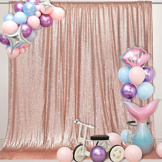 PartyDelight Rose Gold Sequin Backdrop 6x8ft - High Density 3mm Shimmer Sequin Background with 4-Inch Rod Pocket Sparkly Photography Curtain for Birthday, Wedding, Bridal Shower & Live Decor