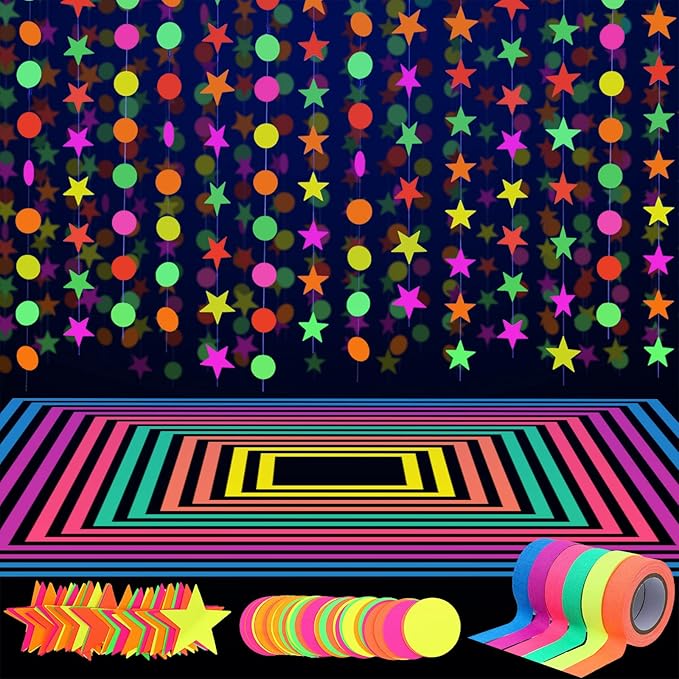 WILLBOND 127ft Glow Neon Party Supplies Set, 6 Colors UV Blacklight Reactive Tape, Neon Paper Garlands Circle Dots Stars Hanging Decorations for Birthday Wedding Glow Party Decorations