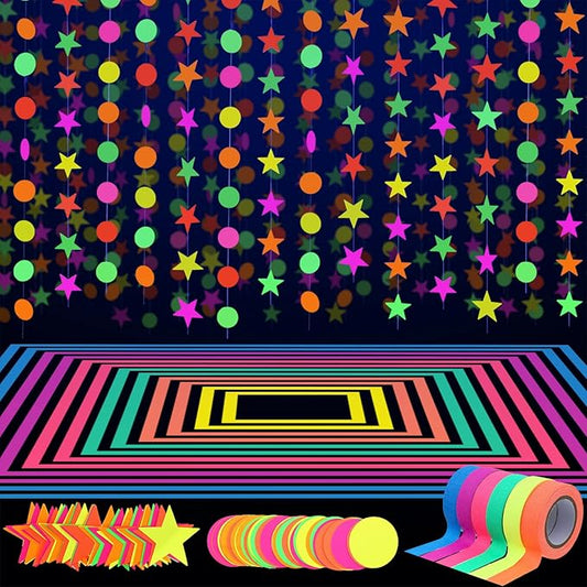 WILLBOND 127ft Glow Neon Party Supplies Set, 6 Colors UV Blacklight Reactive Tape, Neon Paper Garlands Circle Dots Stars Hanging Decorations for Birthday Wedding Glow Party Decorations
