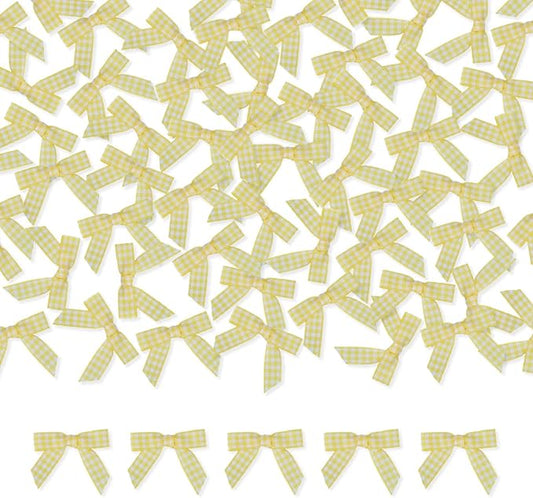 Meseey 100 Pcs 1.5 Inches Premade Gingham Craft Bows Self Adhesive Yellow and White Plaid Ribbon Bows for Treat Bags Gift Wrapping Basket Wedding Baby Shower Brithday Party (Yellow and White Plaid)