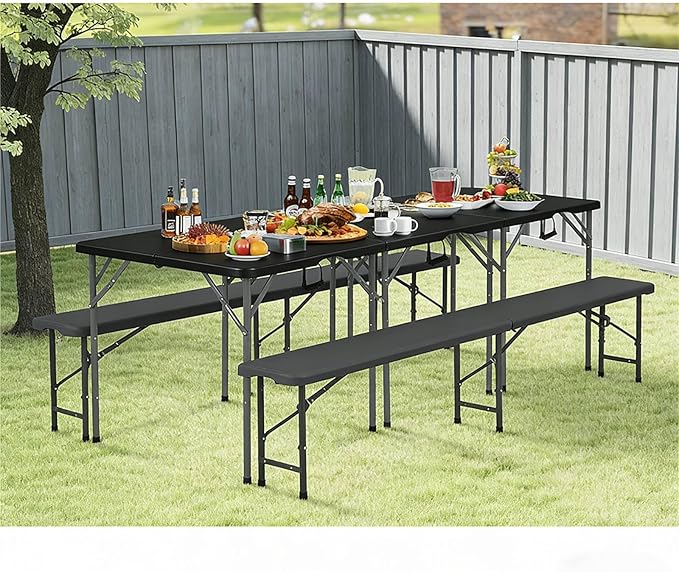 34 Inch Square Folding Card Table - Heavy Duty HDPE Plastic, Fold-in-Half Design with Carry Handle. Indoor Outdoor Portable Utility Table for Picnic, Camping, Party, Dining & Tailgating (Black) ﻿