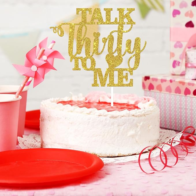 Talk Thirty to Me Cake Topper, Gold Glitter Dirty 30 for 30th Birthday Wedding Anniversary Hello 30 Party Decoration Supplies