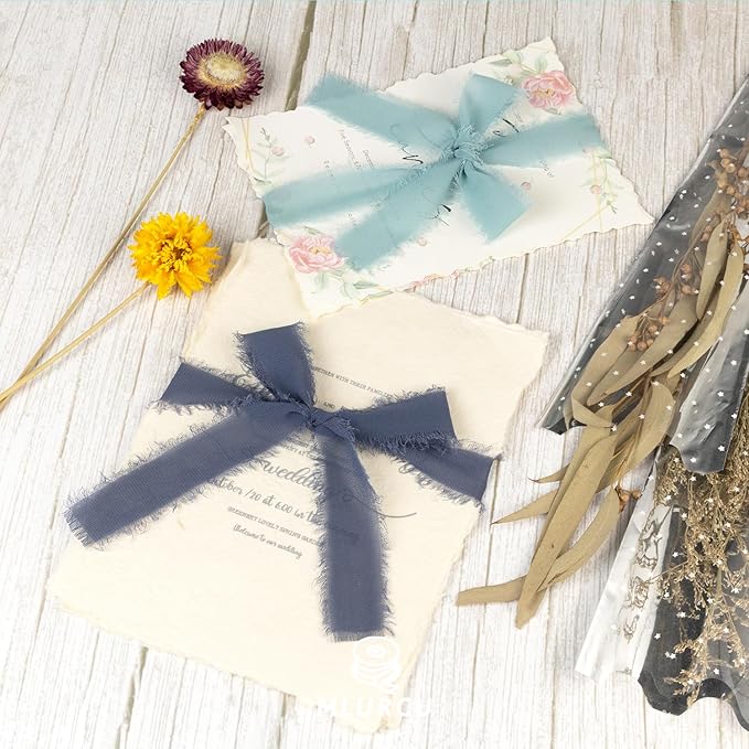 Dusty Blue Chiffon Ribbon 1 Inch x 21Yds Handmade Fringe Chiffon Silk Ribbon Dusty Blue/Slate Blue/Dark Blue Frayed Chiffon Ribbon for Wedding Invitation Flower Bouquets Bridal Shower Gift Wrapping
