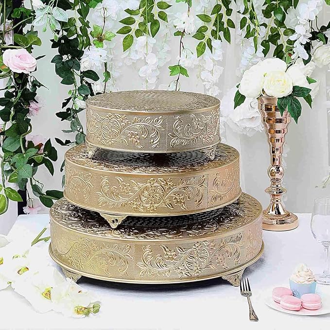 Efavormart 18" Gold Round Embossed Metal Cake Plateau Stand, Wedding Dessert Table Display Riser