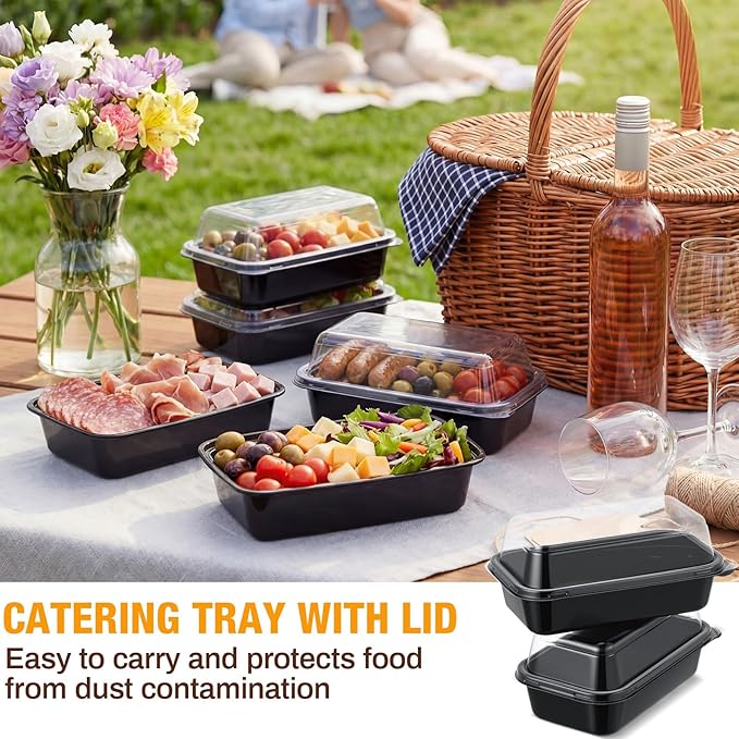 Shellwei 50 Pack 7.5 x 3.4 Inch Catering Trays with Lid, Plastic Serving Tray Bakery Dessert Cookies Candy Containers with Clear Lid, Perfect for Wedding, Party & Small Business