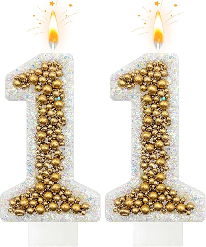 11 Birthday Number Candle for Cake, Glitter Number Candle with Gold Beads, Decorative Cake Topper for Milestone Celebrations