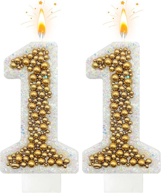 11 Birthday Number Candle for Cake, Glitter Number Candle with Gold Beads, Decorative Cake Topper for Milestone Celebrations