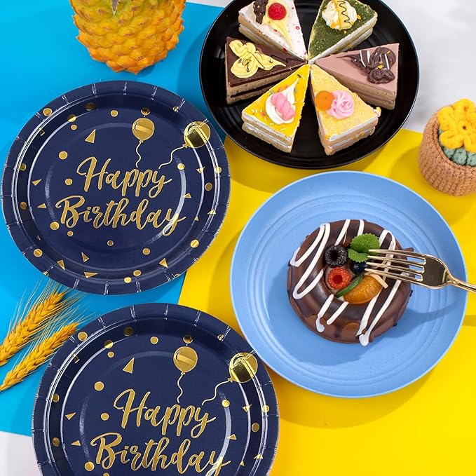 96PCS Happy Birthday Plates and Napkins Party Supplies, Black and Gold Disposable Paper Plates and Napkins with Forks Tableware Set for Birthday Party Decorations 24 Guests (Birthday Blue)