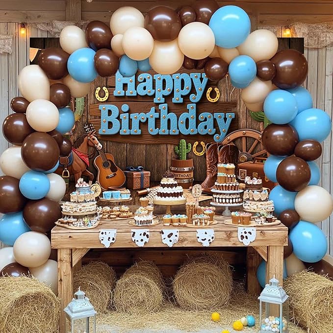 Mocsicka Western Cowboy Birthday Backdrop Wild West Happy Brithday Party Decorations Banner for Boys Western Themed Party Photography Bakground Supplies (Brown, 8x6ft(96"x72"))