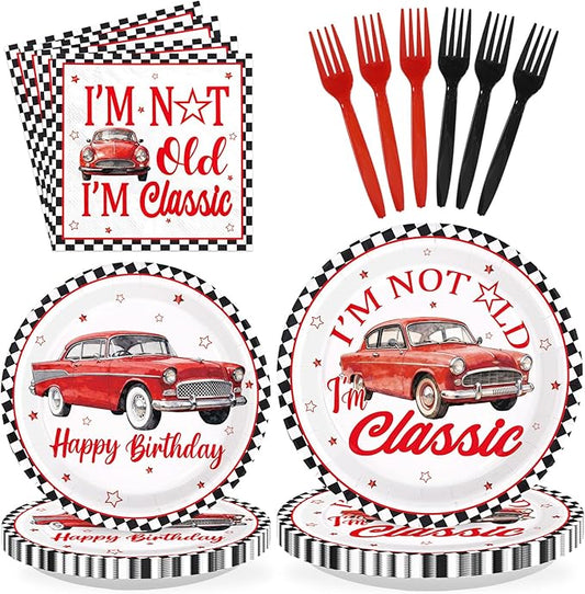 96Pcs Classic Car Birthday Party Decorations I am Not Old I am Classic Birthday Plates and Napkins Sets Vintage Red Car and Star Decorations for Adult Men Vintage Cars Bday Party Supplies Serves 24