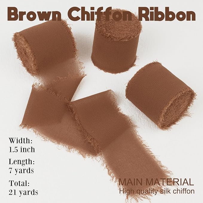 Brown Chiffon Ribbon - 1-1/2 Inch x 21 Yards, Handmade Fringe, Silk, Boho Frayed, Dark Brown, Gift Wrapping, Wedding Invitation, Bridal Flower Bouquets