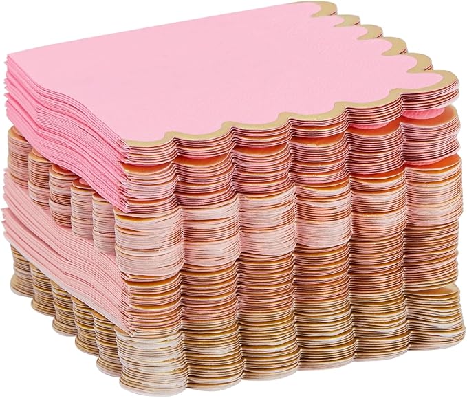 Sparkle and Bash Pink Cocktail Napkins - 5 x 5 In, 100 Count, 3-Ply Scalloped, Pink & Gold - Napkins for Baby Girl & Bridal Showers & Birthday Parties