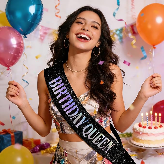 Birthday Queen Sash, Dazzle Foil Letter Glitter Black Birthday Sash for Women Girl 21st 30th 40th 50th 60th Funny Bday Gifts Party Favors Photo Prop