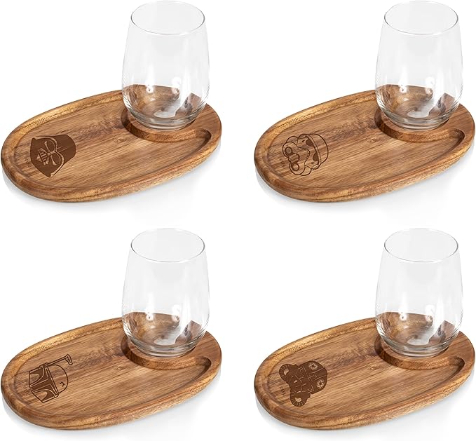 PICNIC TIME Star Wars Dark Side Wine Appetizer Plate Set of 4 with Glass Holder, Acacia Wood Cocktail Plates for Cheese Charcuterie and Entertaining with Helmet Designs, (Acacia Wood)